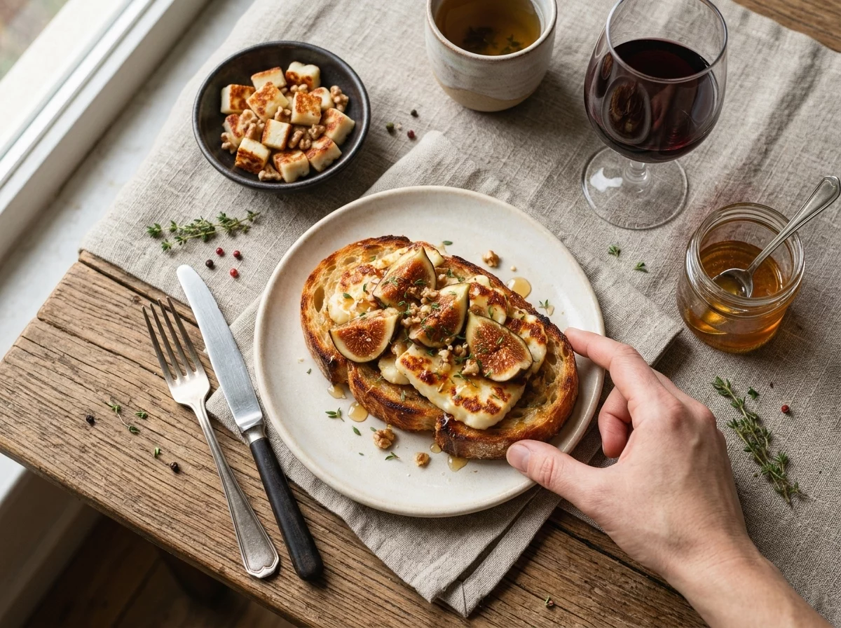 Hands reaching for a halloumi and fig toast on a linen napkin, with a small honey jar and cup of tea nearby