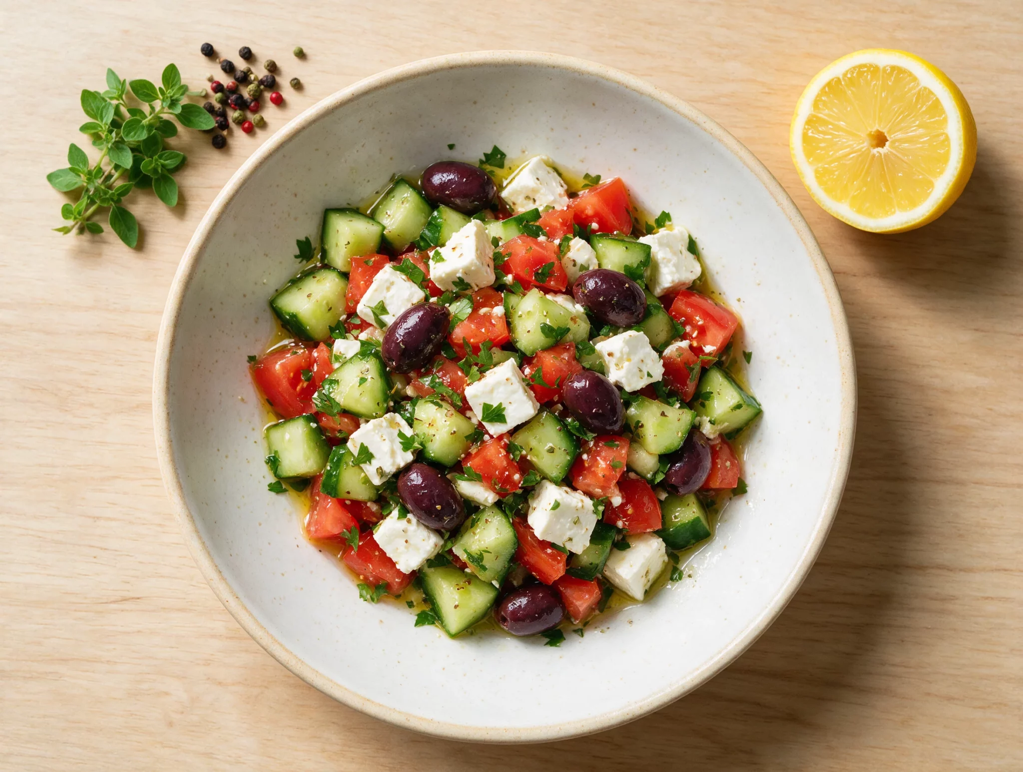 Fresh Cucumber Tomato Feta Salad with Lemon and Herbs