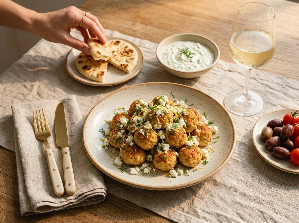 Table set with a plate of chicken meatballs, a bowl of tzatziki, and warm pita bread in warm afternoon light