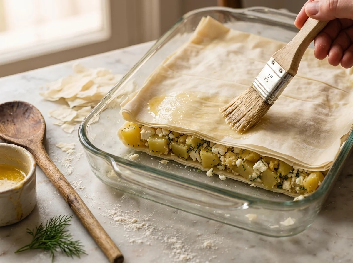 Hands layering buttered phyllo sheets over mashed potato and feta filling in a baking dish.