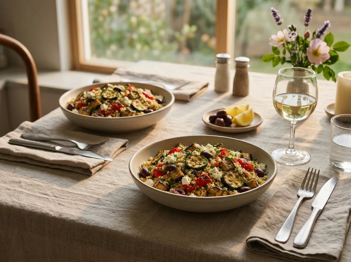 Two people sharing a Mediterranean-style dinner at a wooden table with couscous bowls, lemon wedges, and glasses of white wine.