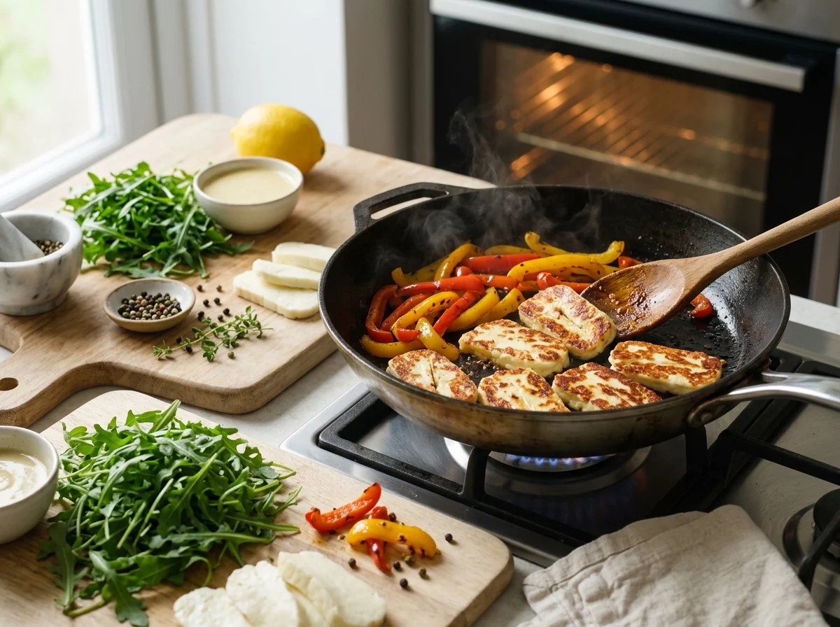 Halloumi slices and pepper strips roasting side by side on a parchment-lined sheet pan with blistered edges