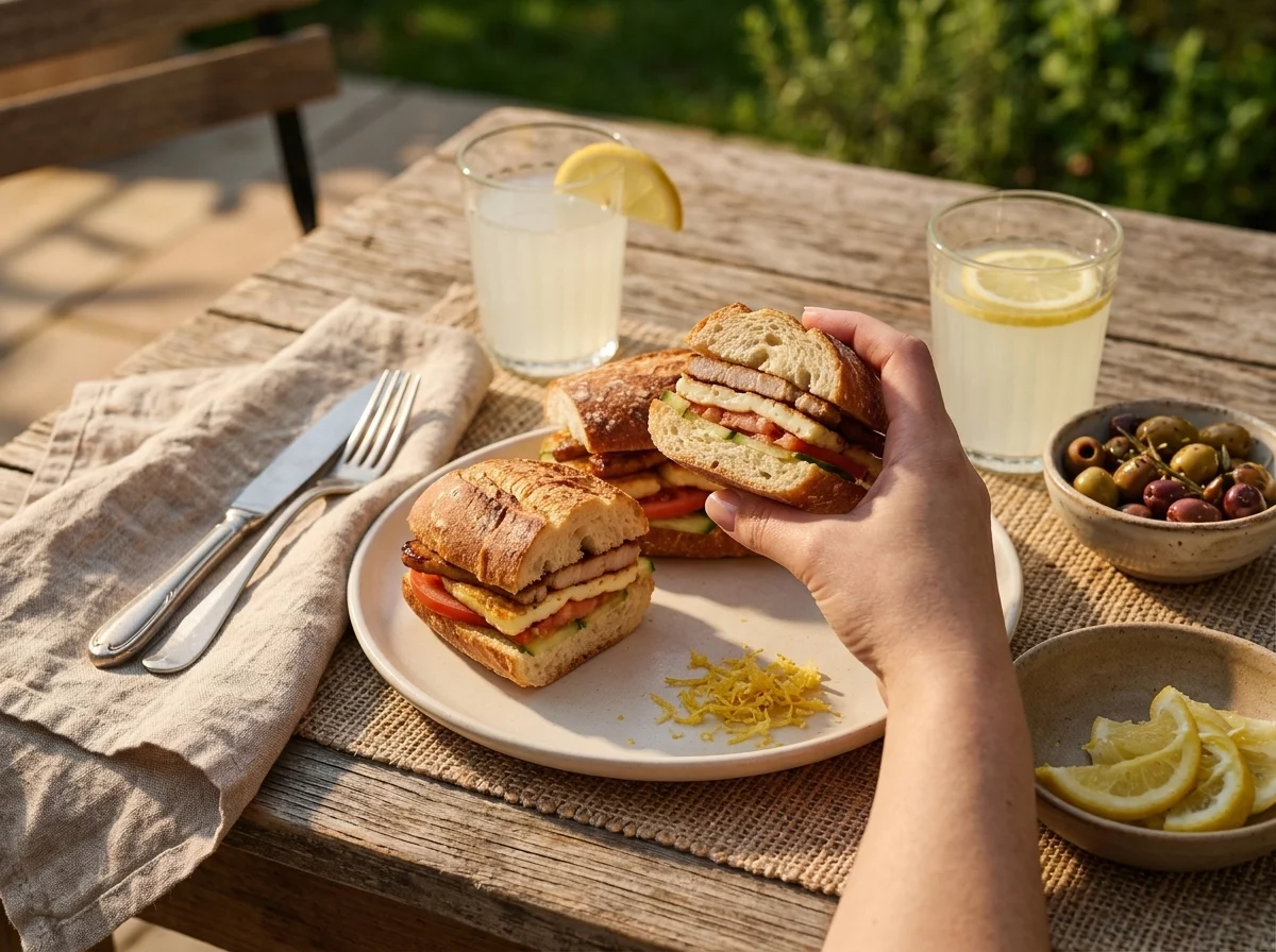 A hand holding half a sandwich over a linen napkin, lemon wedges and olives scattered across a rustic table in daylight.