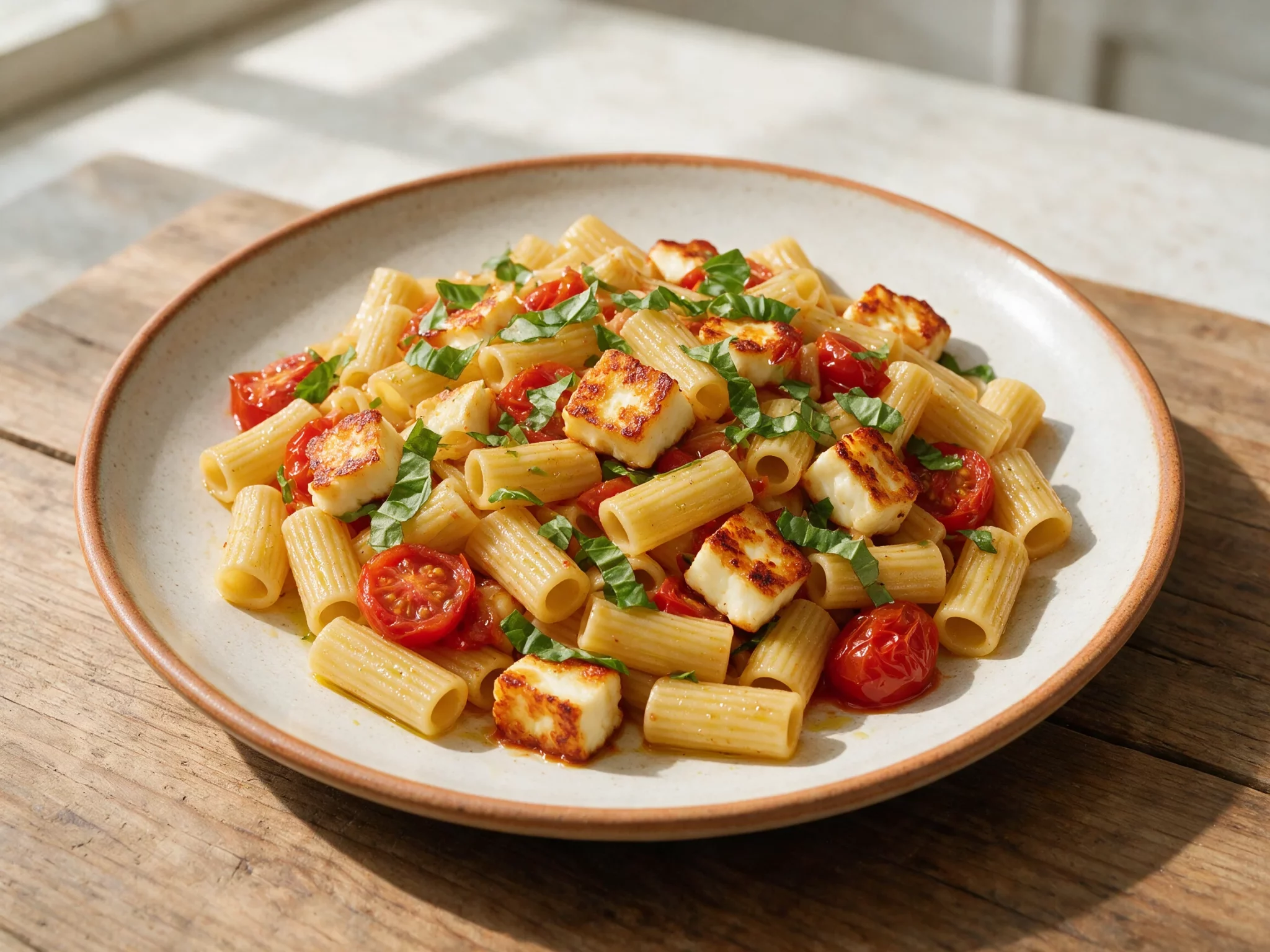 Halloumi Pasta with Roasted Cherry Tomatoes and Basil