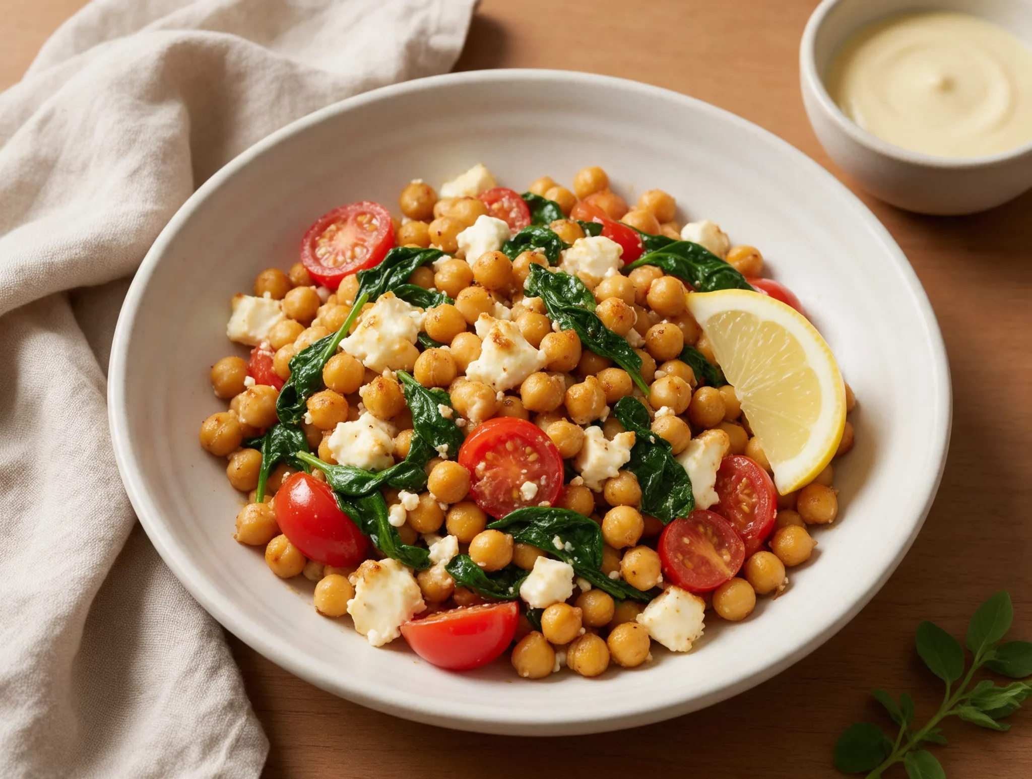 Overhead view of warm chickpea salad with golden crisped chickpeas, melted feta, and lemon wedges on a rustic plate