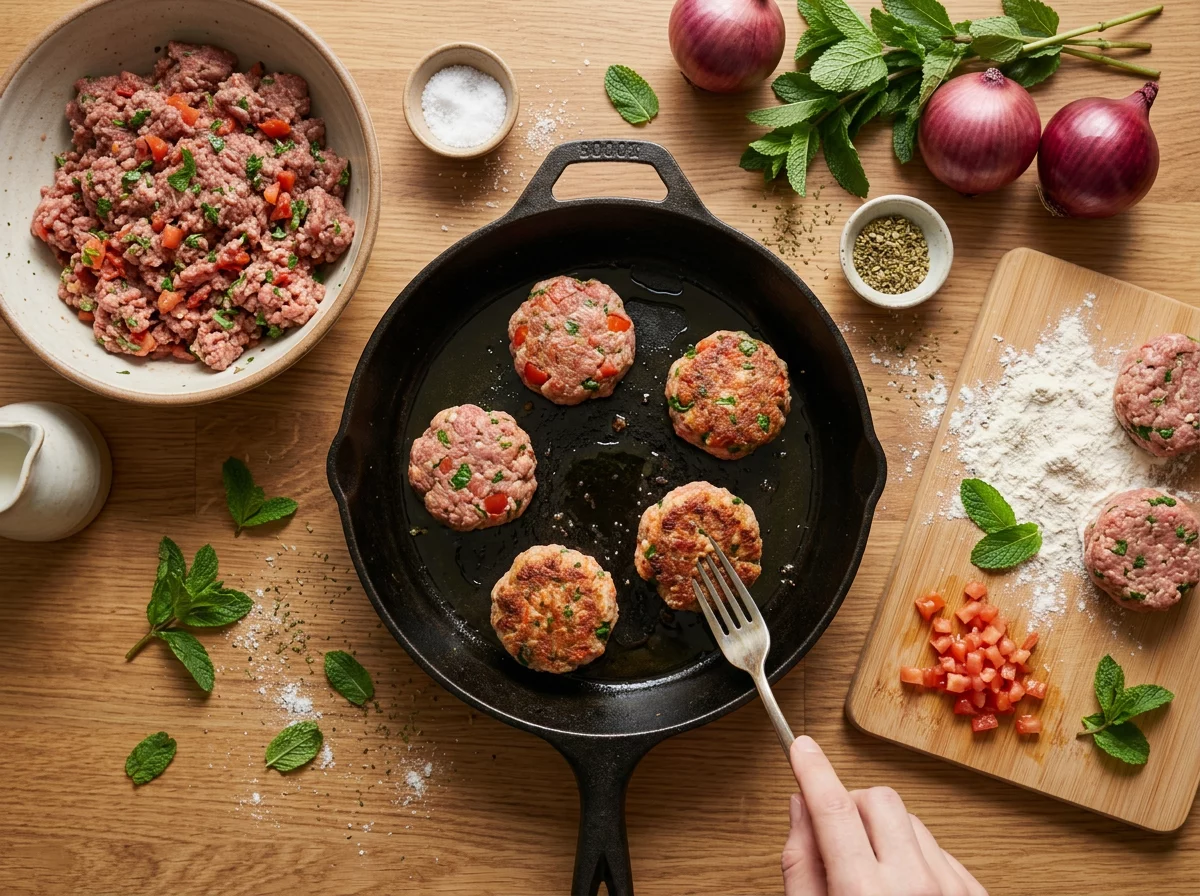 Ground beef mixture with grated tomato and chopped mint being shaped into a patty by hand over a wooden board