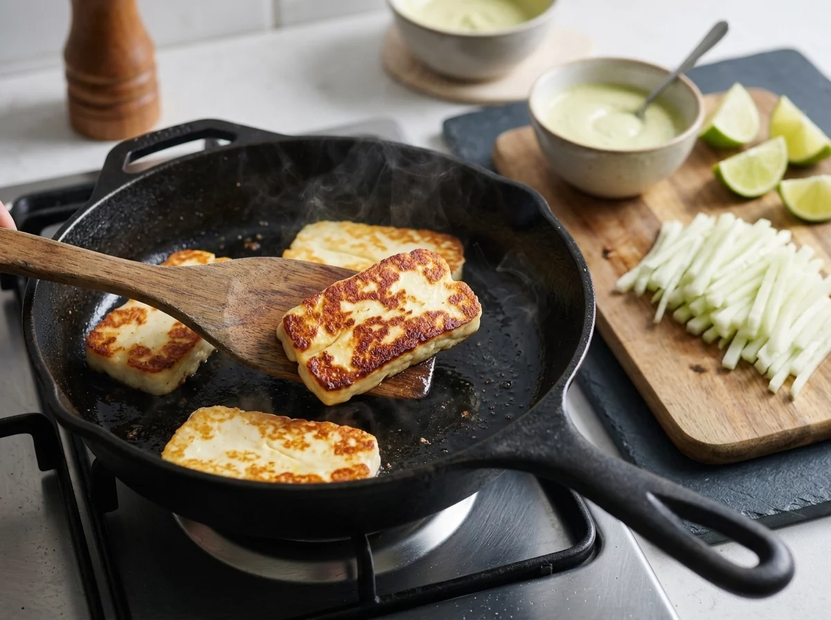 Halloumi slabs searing in a cast iron skillet with a golden crust forming while a wooden spatula lifts one piece