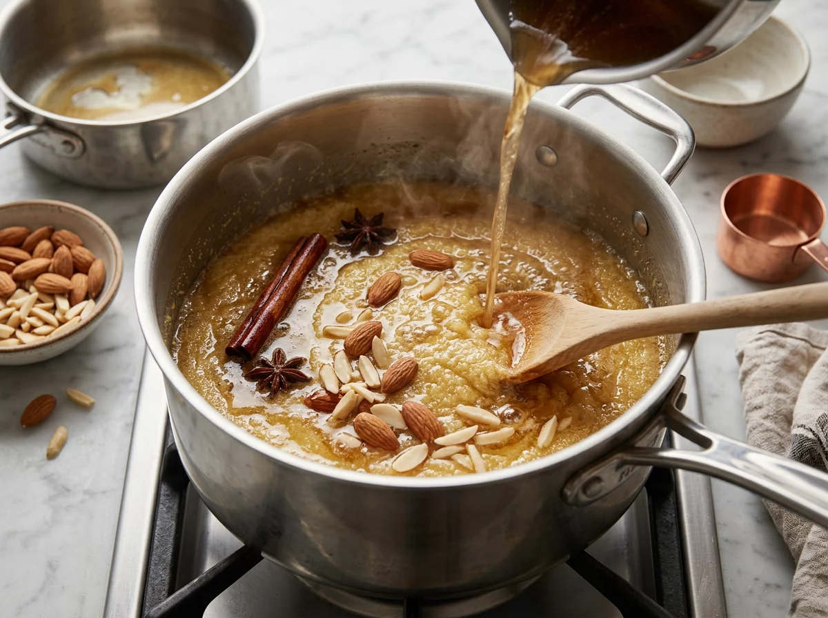 Wooden spoon stirring hot cinnamon syrup into toasted golden semolina in a heavy pot, steam rising off the mixture