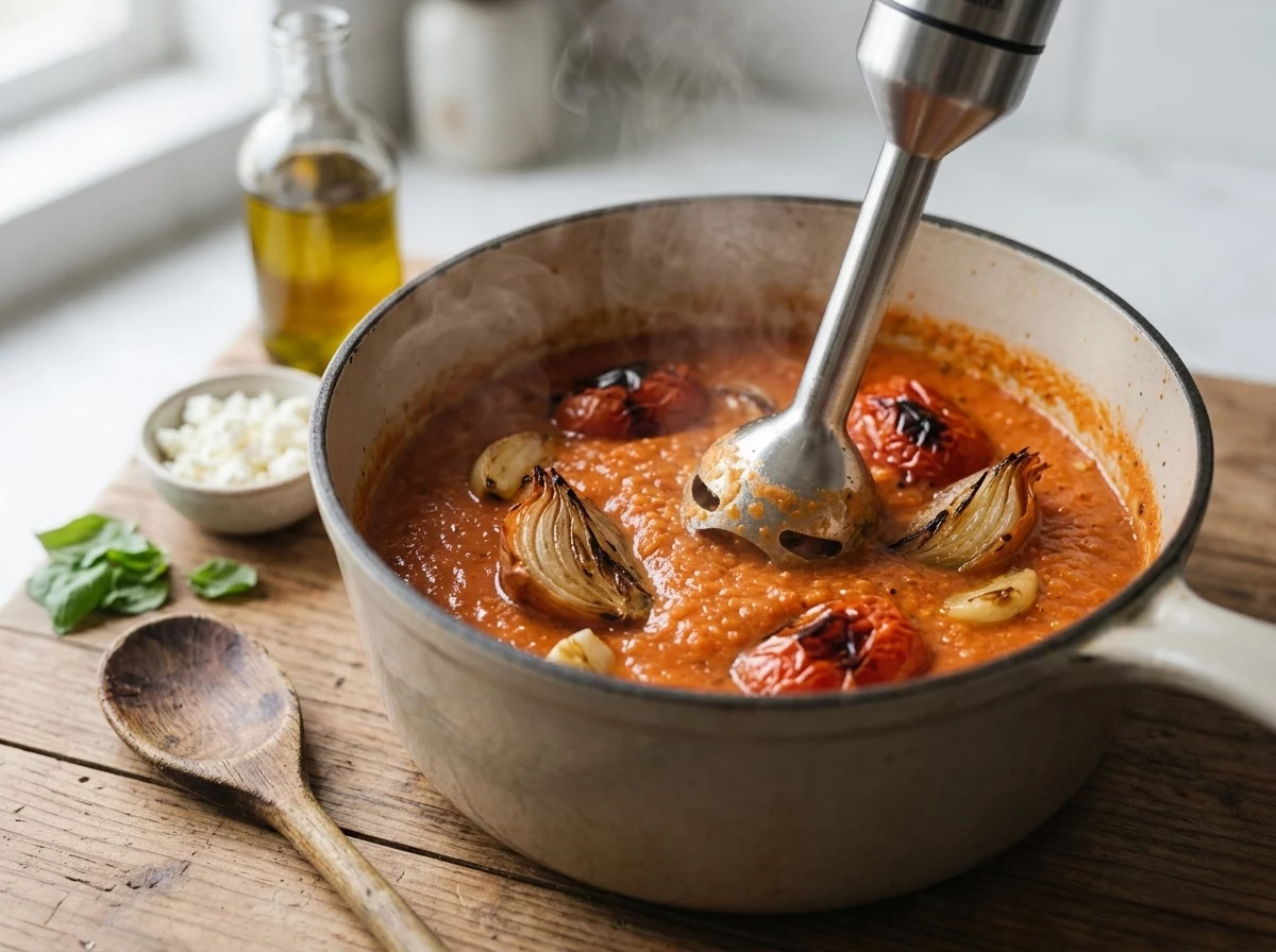 Immersion blender pureeing charred roasted tomatoes and onions in a saucepan, steam rising from the pot