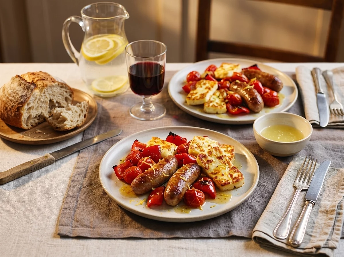 Two plates of sausage and halloumi tray bake on a linen napkin with crusty bread and a glass of red wine