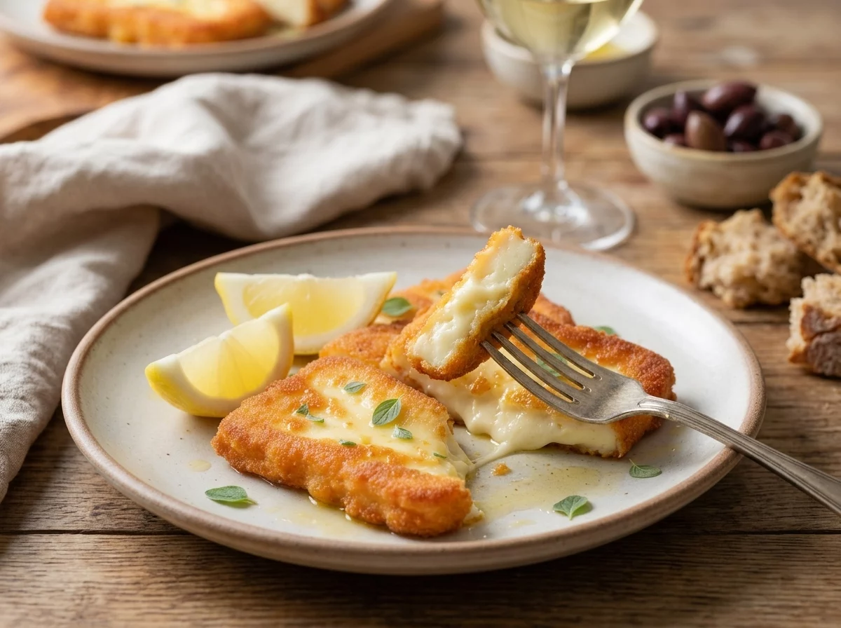 Hands reaching for a wedge of saganaki cheese at a wooden table set with olives, bread, and a glass of white wine