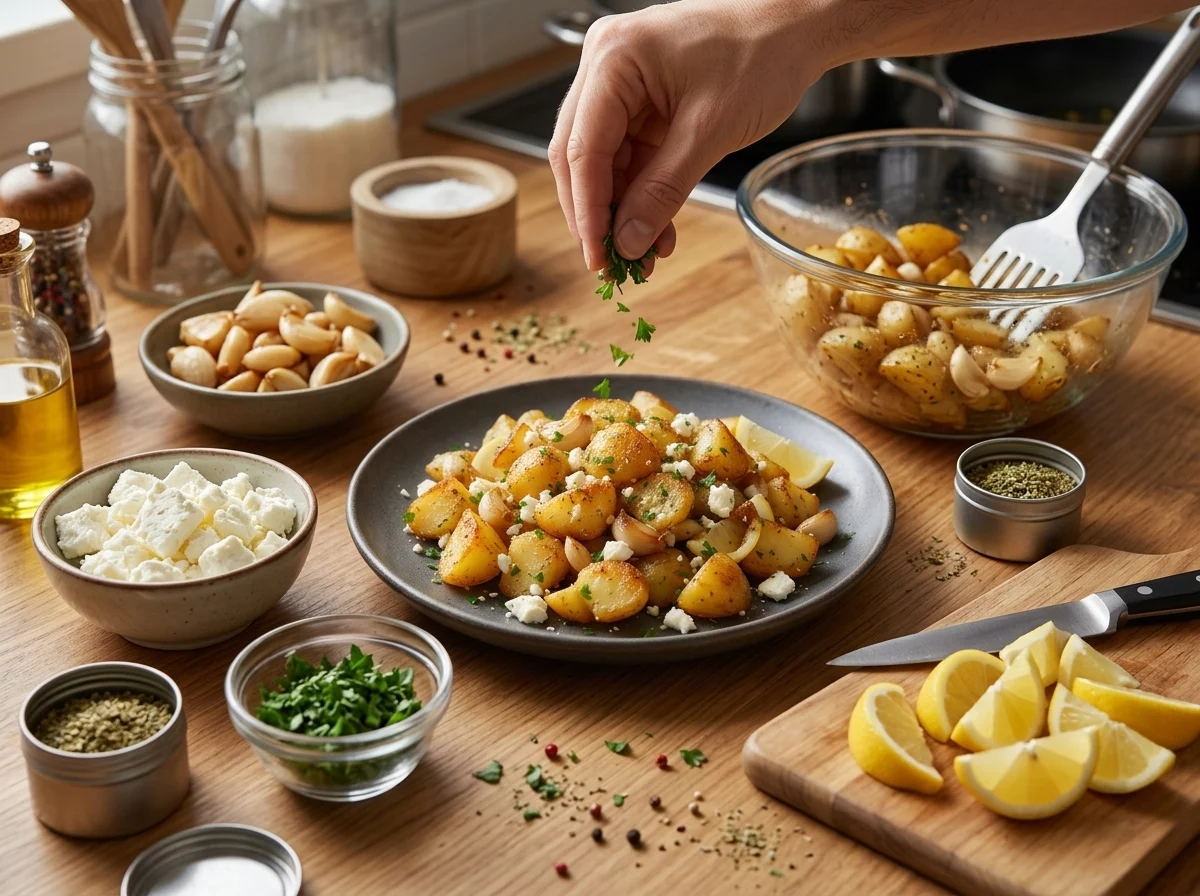 Hands tossing halved raw potatoes with olive oil and oregano in a glass mixing bowl before spreading on a pan