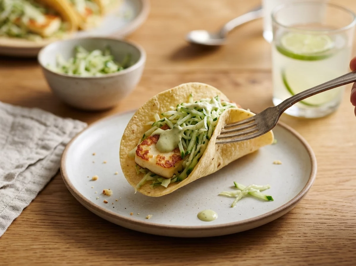 A hand lifting a halloumi taco at a set table with linen napkin, extra slaw, and a glass of agua fresca