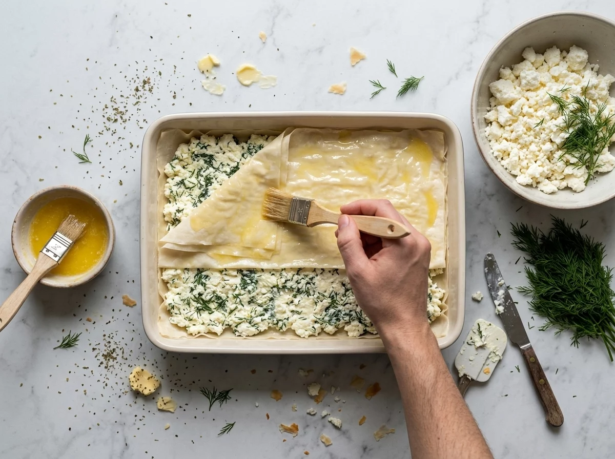 Hands layering buttered phyllo sheets over a feta and dill filling in a rectangular baking dish before the final fold
