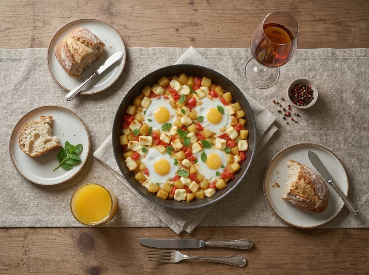 Two plates and a linen napkin beside a skillet of potato and egg skillet on a wooden table at breakfast.