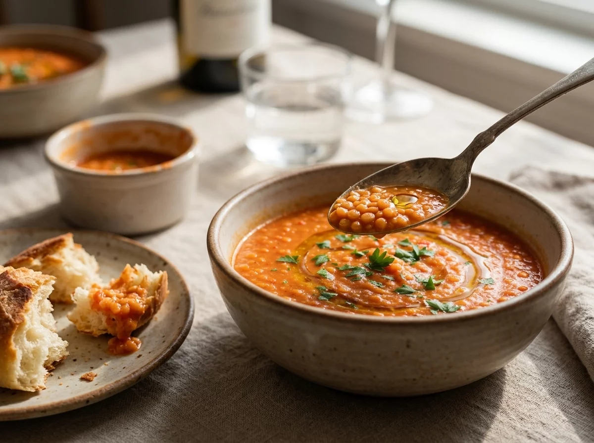 A linen-topped table with a bowl of lentil soup, torn bread, and a spoon mid-dip in soft afternoon light.