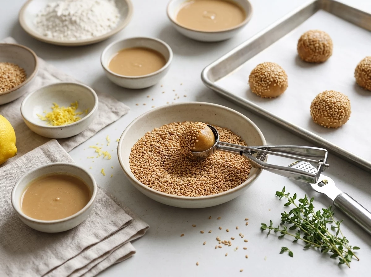 Hands pressing a ball of tahini cookie dough into a bowl of sesame seeds before baking