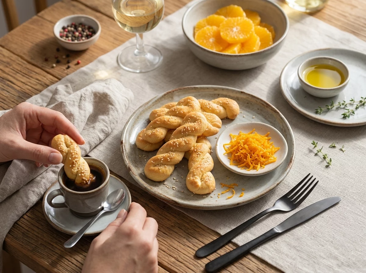 A hand dunking a ladokouloura twist into a small cup of Greek coffee at a sunlit breakfast table.