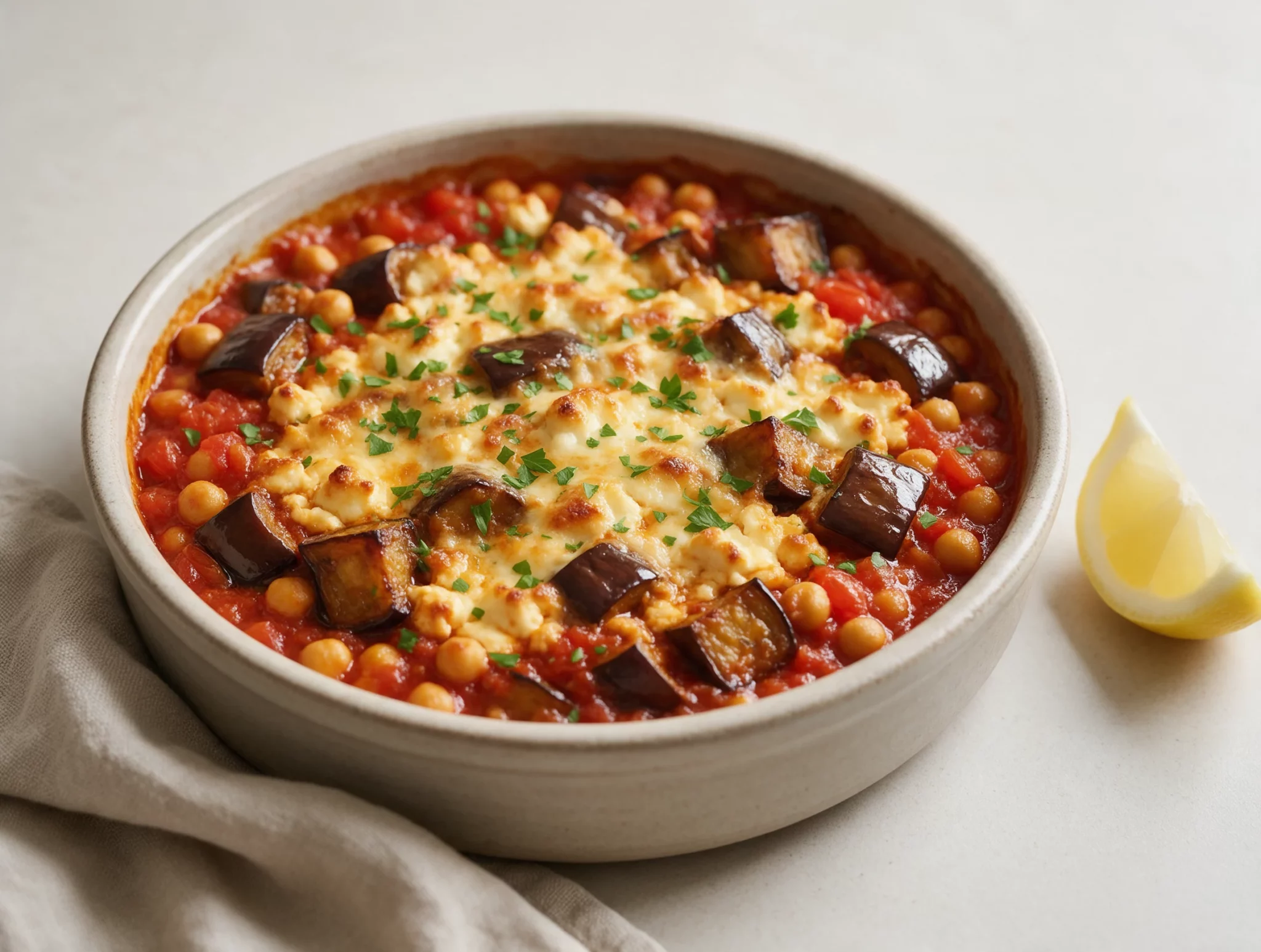 Overhead shot of a baked aubergine and chickpea dish in a white baking dish, golden feta and fresh parsley on top.