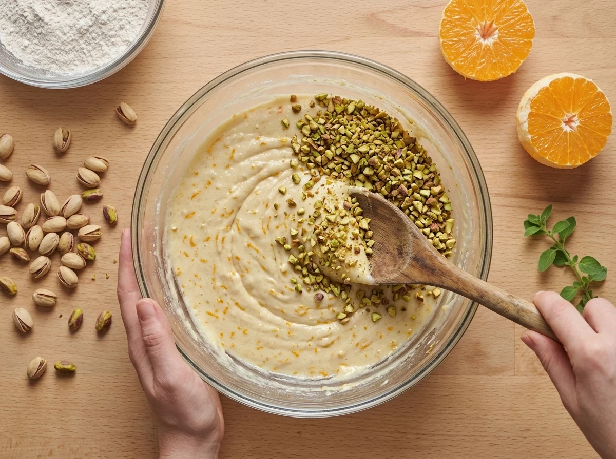 Hands folding chopped toasted pistachios into pale orange-scented cake batter in a glass bowl on a wooden counter.