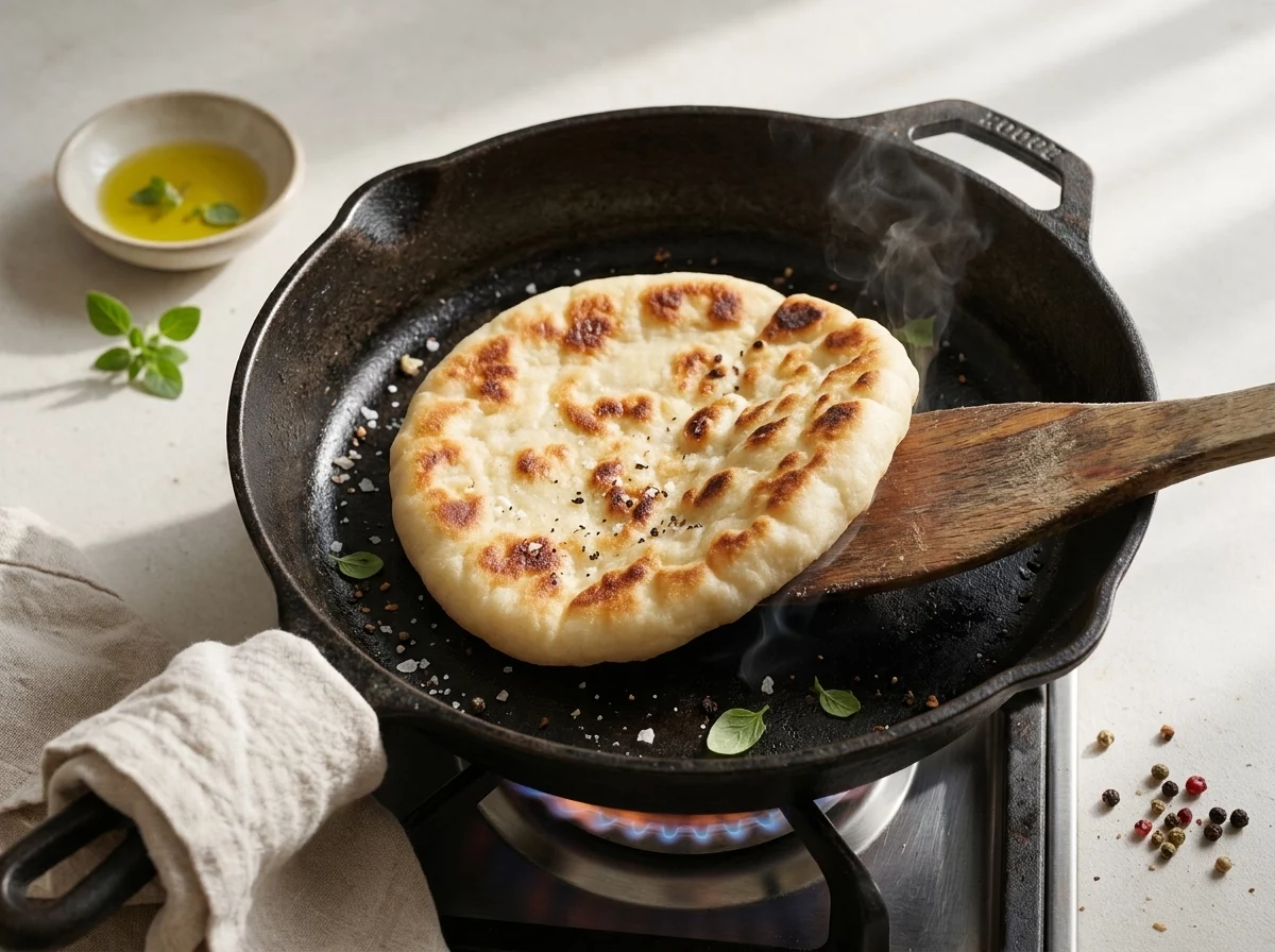 A flatbread puffing up with golden brown spots in a cast-iron skillet as a wooden spatula lifts its edge