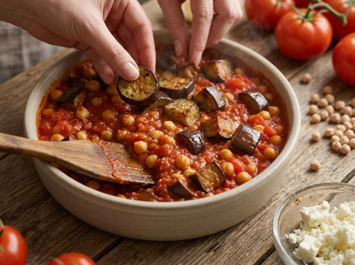 Close-up of roasted aubergine rounds being layered over chickpea tomato sauce in a ceramic baking dish.