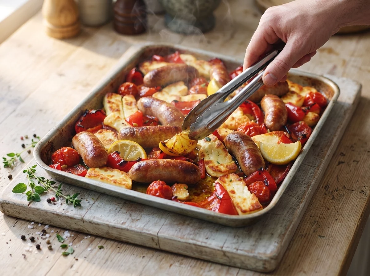 Cook tucking halloumi slices between roasted peppers and sausages on a sheet pan, oil glistening under warm oven light