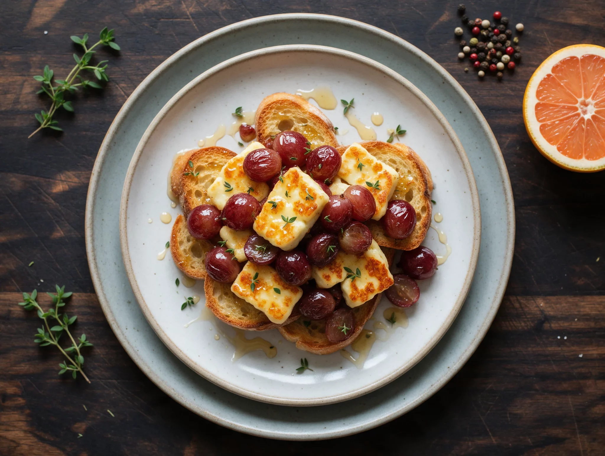 Golden seared halloumi and jammy roasted grapes piled on crisp baguette crostini with a honey drizzle on a dark wood board