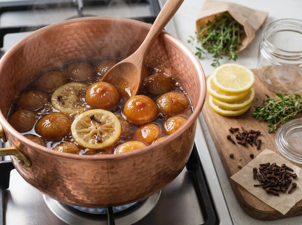 Whole figs simmering in amber syrup in a wide pot, a wooden spoon basting syrup over the fruit on the stovetop.