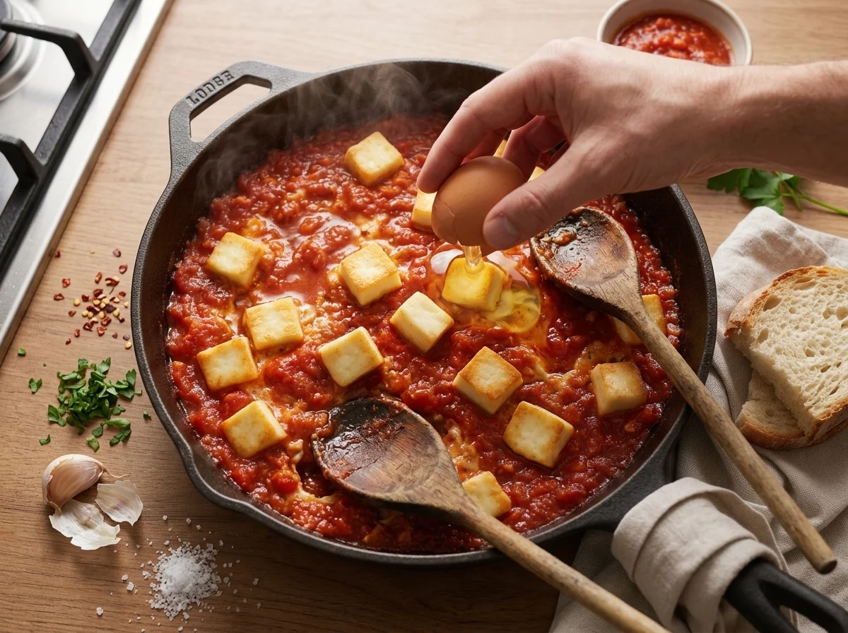 Cook cracking an egg into a well in bubbling tomato sauce dotted with cubes of halloumi in a skillet