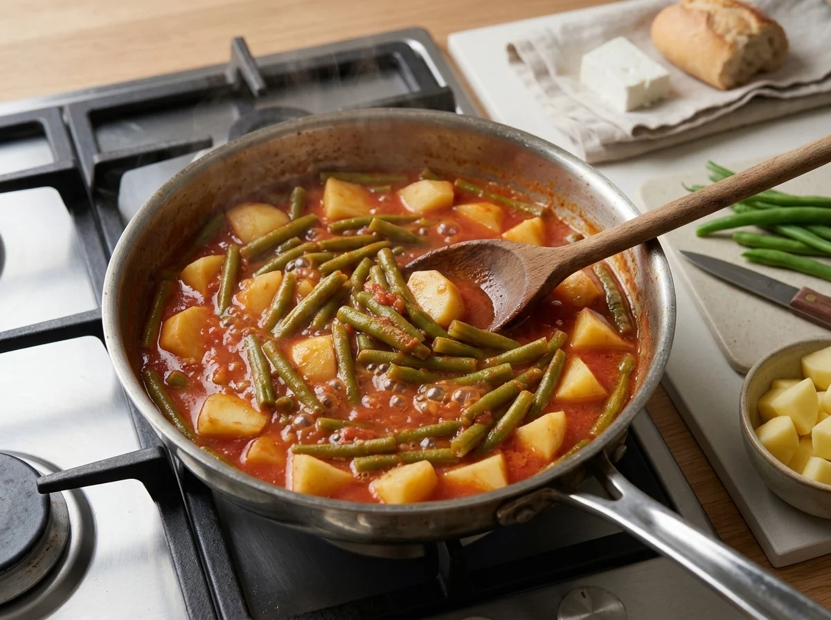 Wooden spoon stirring green beans and potato chunks simmering in tomato sauce inside a wide stainless skillet on the stove