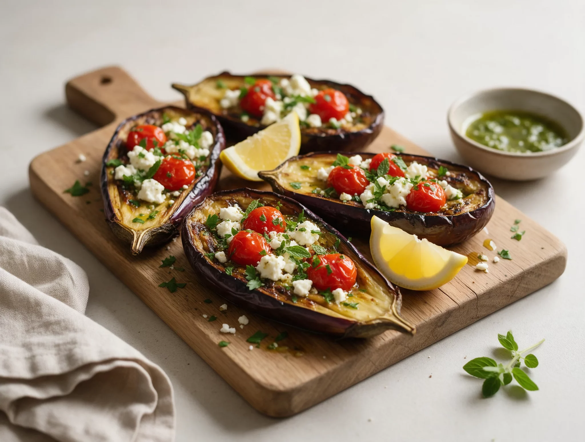 Roasted aubergine halves topped with melted feta, blistered cherry tomatoes, and fresh herbs on a wooden board