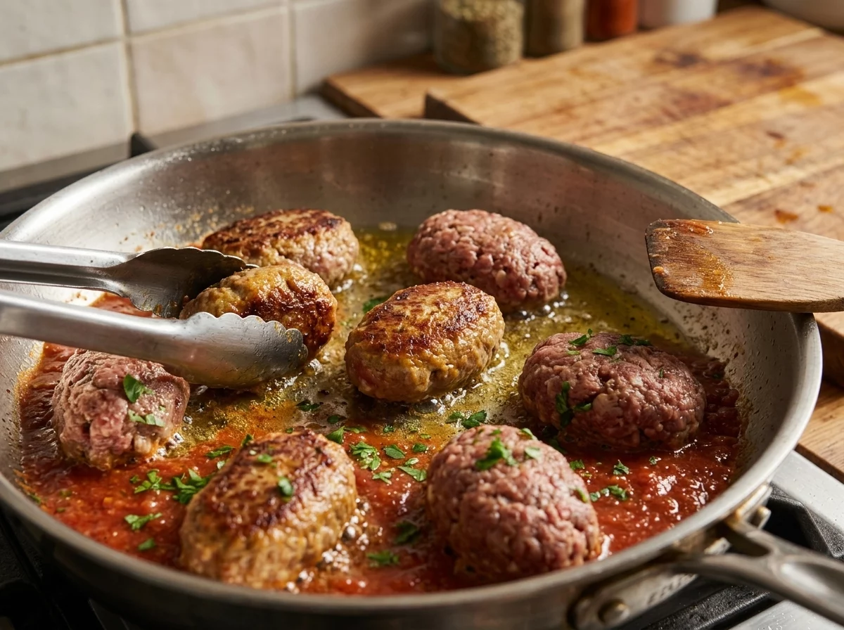Browning shaped soutzoukakia meatballs in a hot skillet with olive oil, turning with tongs until golden on all sides.