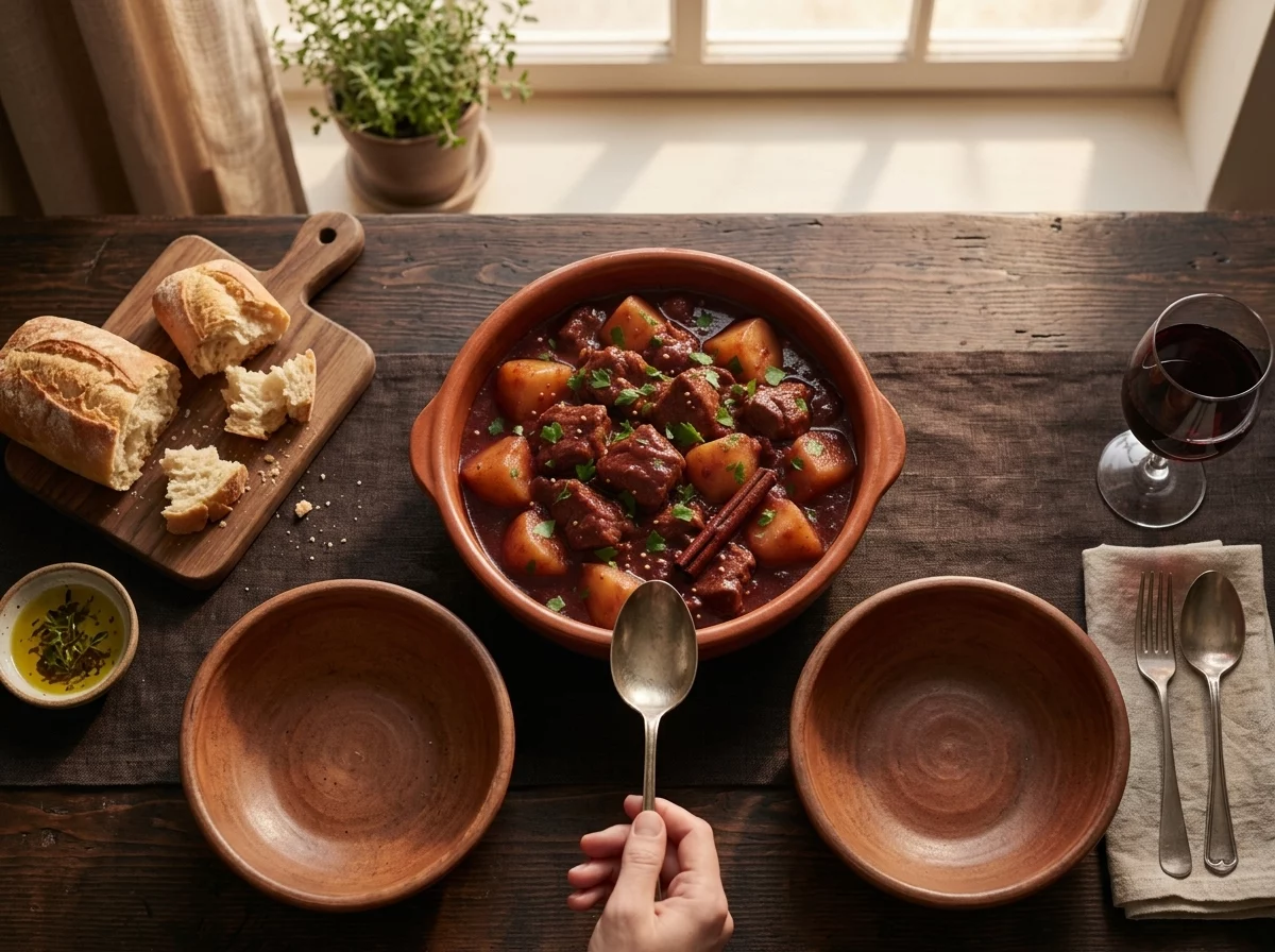 Two filled bowls of stew on a wooden table with torn bread and a glass of red wine, hands reaching in for dinner