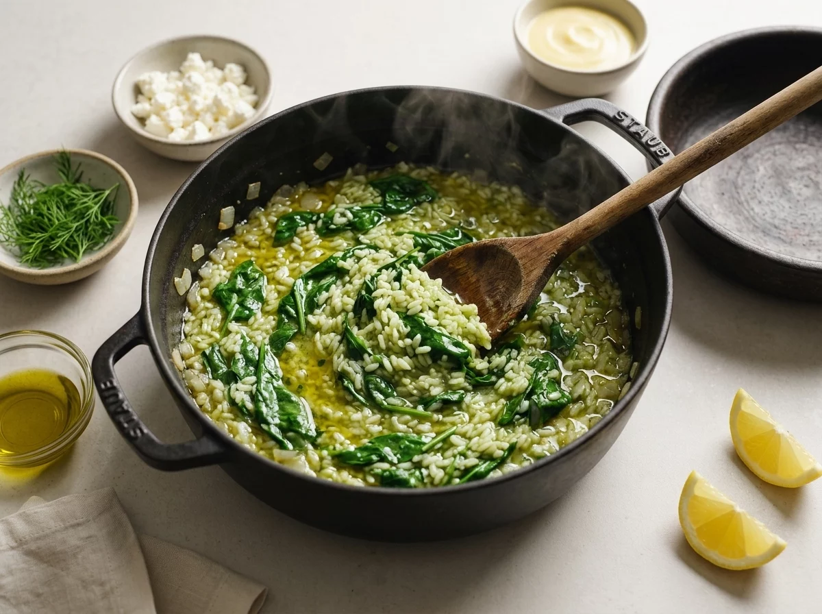 Wooden spoon stirring wilted spinach into simmering rice in a wide pot, steam rising, onions visible at the edges.