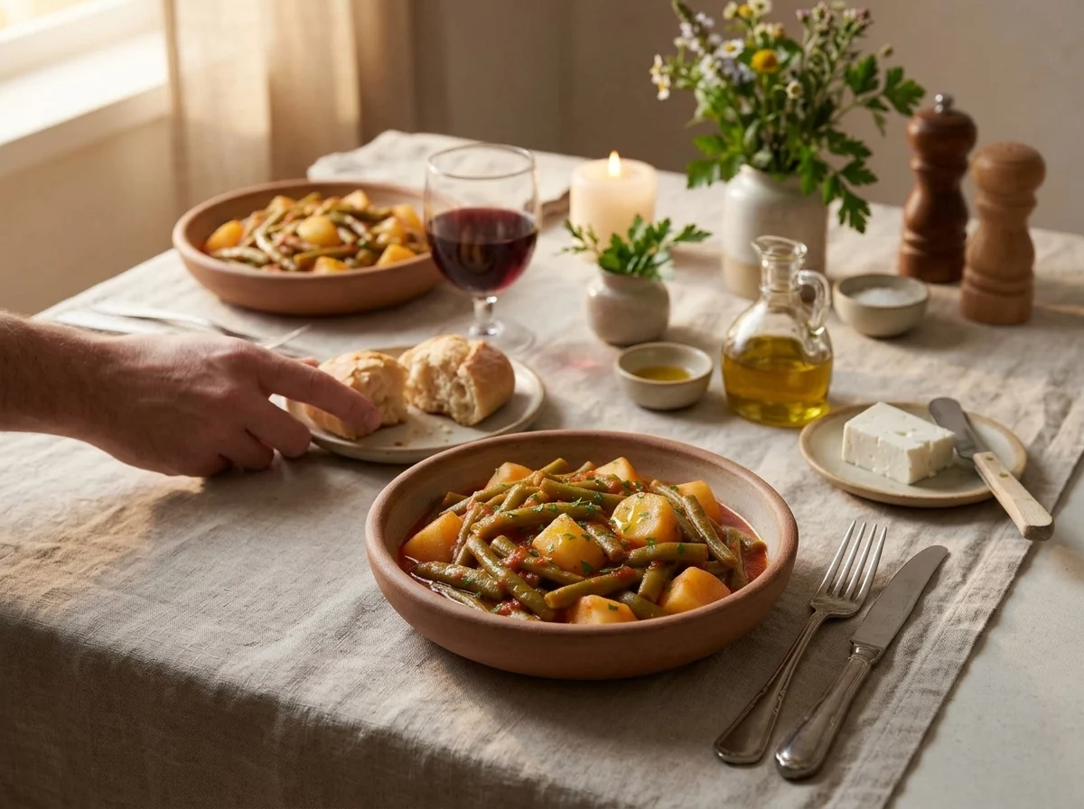 Two plates of fasolakia green beans on a linen-covered table, with a glass of wine and fresh bread nearby