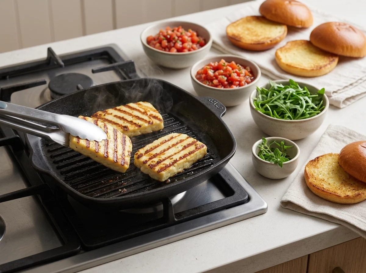 Two halloumi slabs sizzling with deep golden char marks on a cast-iron grill pan, tongs lifting one edge to check doneness.