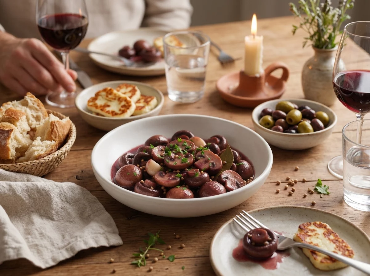 Small plates of braised mushrooms served alongside halloumi and olives on a linen-covered table at golden hour