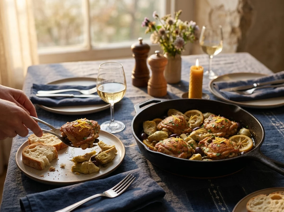A linen-set table with the chicken skillet, torn crusty bread, and a glass of white wine in warm afternoon light.