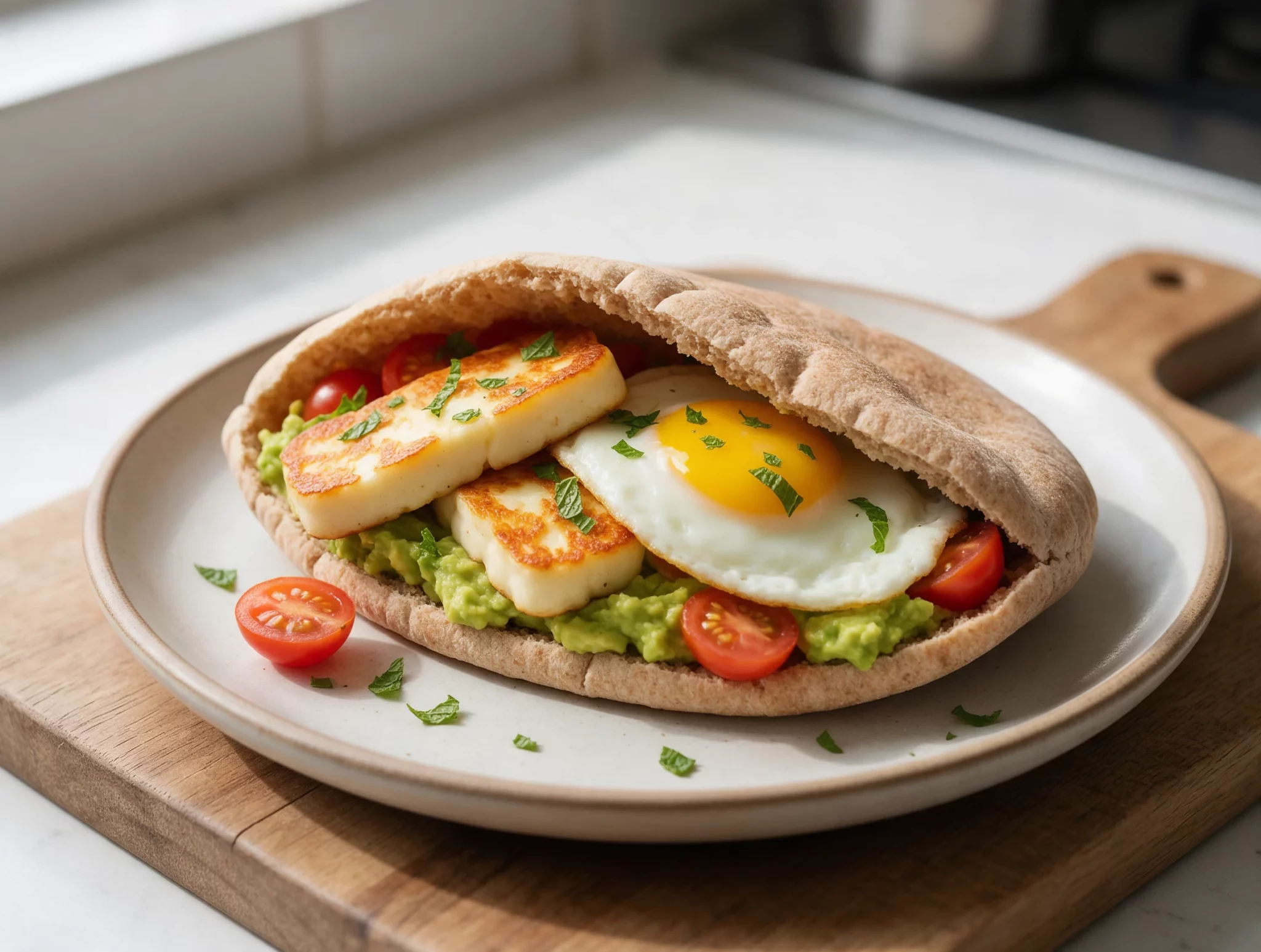 Pan-Fried Halloumi and Avocado Breakfast Pitas with Egg