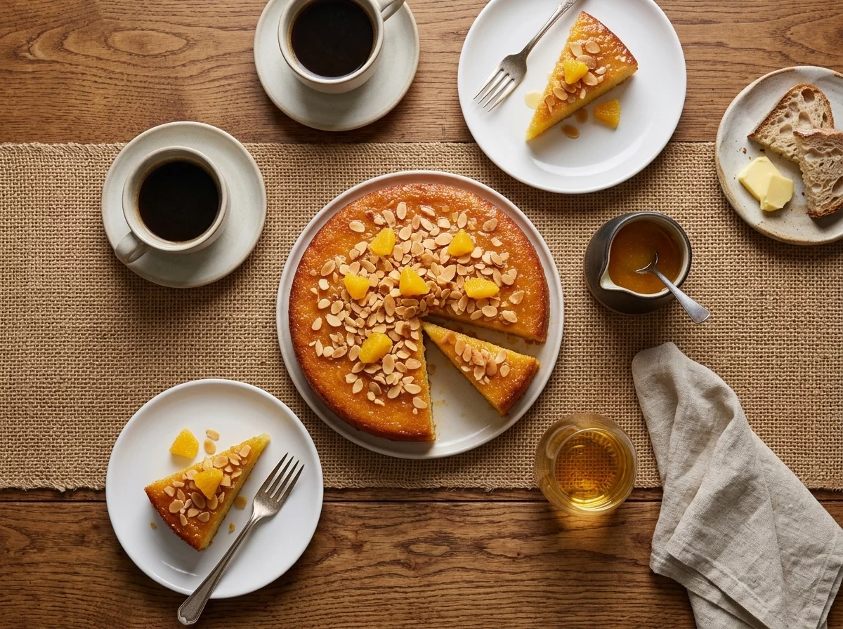 Two plates of cake slices with forks, coffee cups, and a linen napkin set on a wooden breakfast table