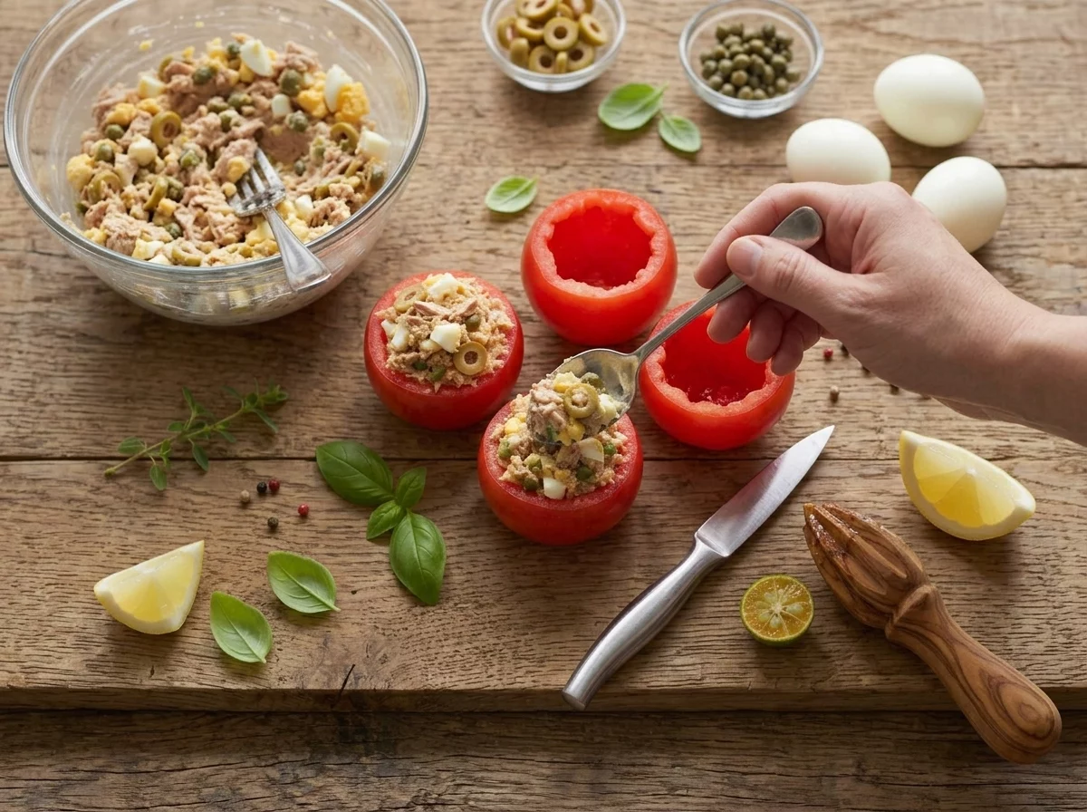 Hands spooning tuna and chopped egg filling into hollowed tomato shells on a wooden cutting board.