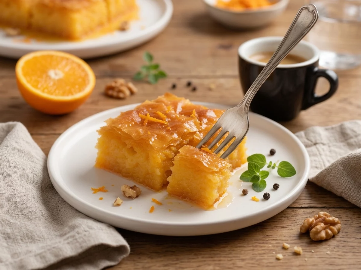 A slice of orange phyllo cake plated beside an espresso cup and a halved orange on a linen-topped table