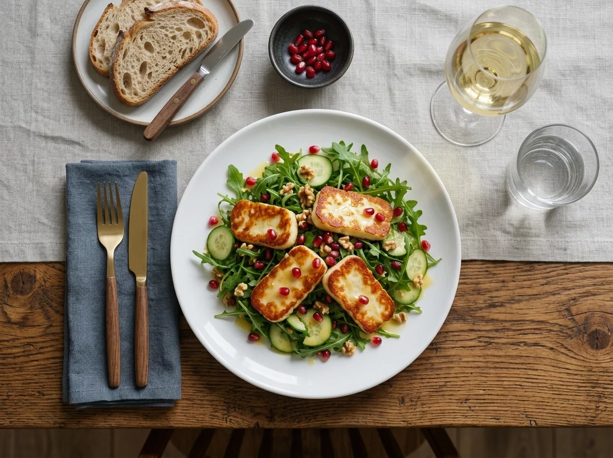 A wooden table set with the halloumi salad, a folded linen napkin, and a glass of white wine in soft afternoon light