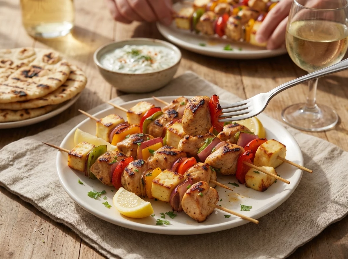 Hand reaching for a lemon chicken halloumi skewer at a linen-set table with pita and tzatziki nearby