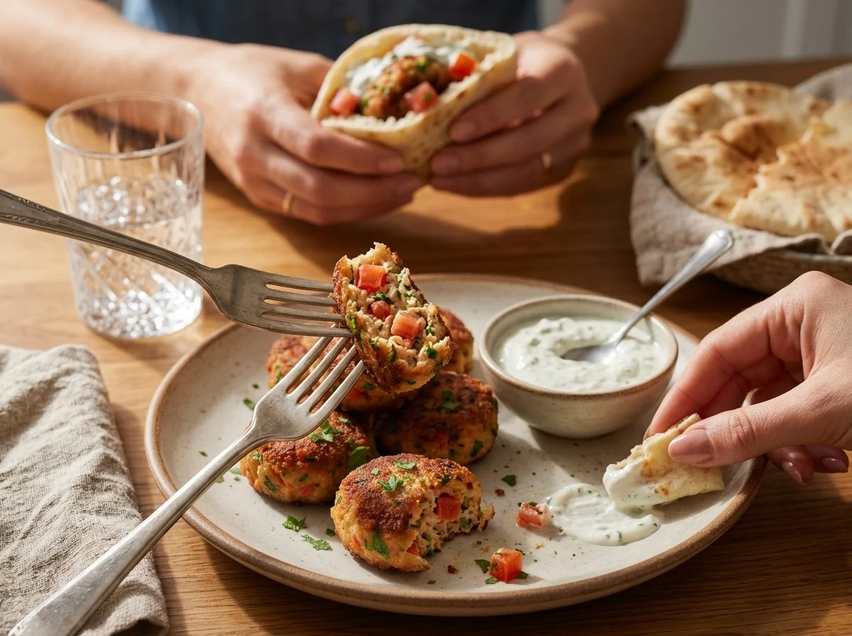 Two hands reaching for a warm pita wrap filled with keftedes, tomato, and yogurt sauce at a sunlit table
