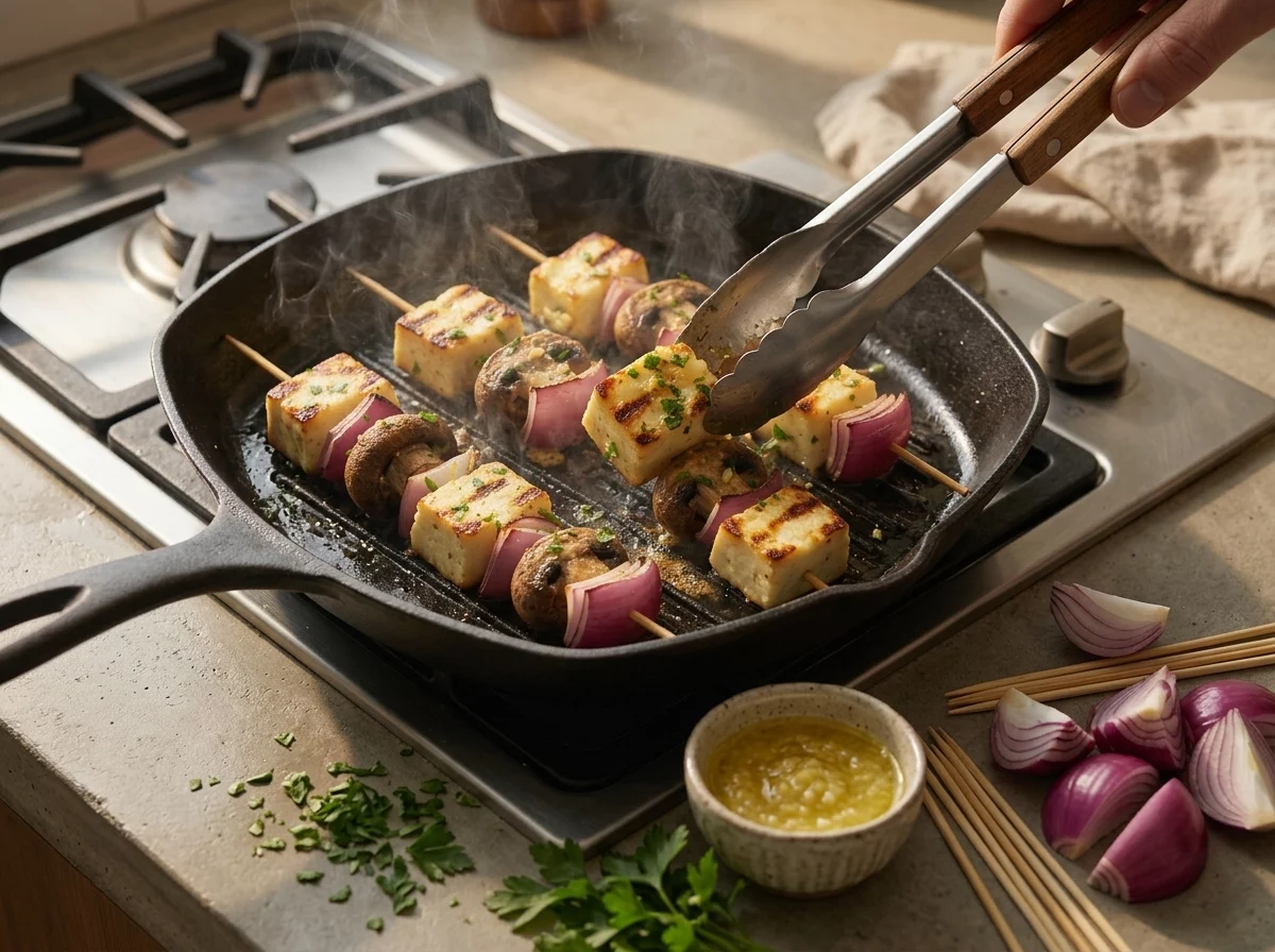 Four halloumi and mushroom skewers sizzling in a grill pan with visible char marks while tongs turn one skewer.