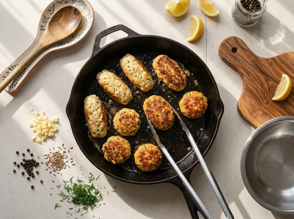 Chicken kofta browning in a cast-iron skillet, oil sizzling around the edges as one log is flipped with tongs