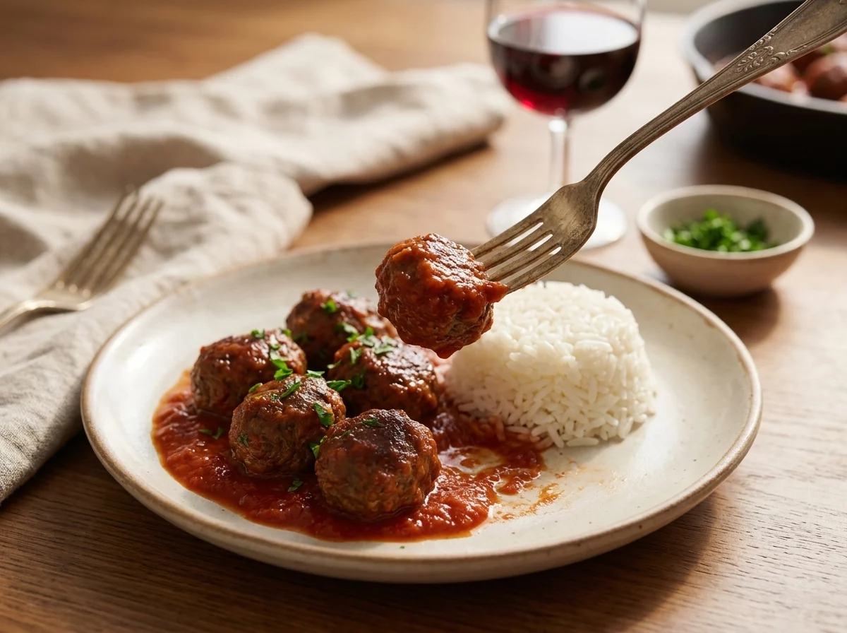 A plate of soutzoukakia meatballs with tomato sauce, rice, and a glass of red wine on a linen-covered table.