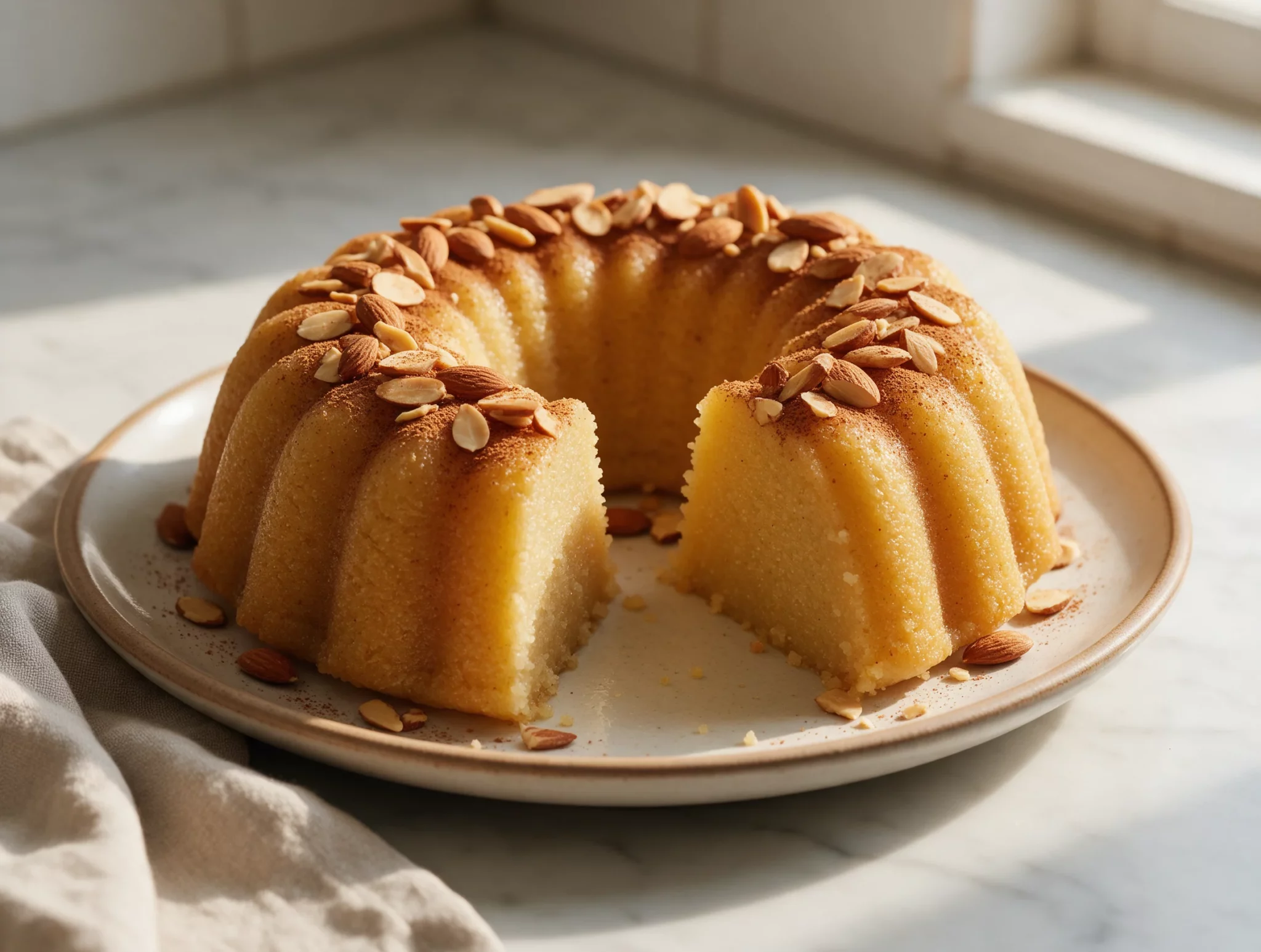 Buttery Greek Semolina Halva Pudding with Toasted Almonds